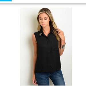 Sleeveless button down shirt with silver studs